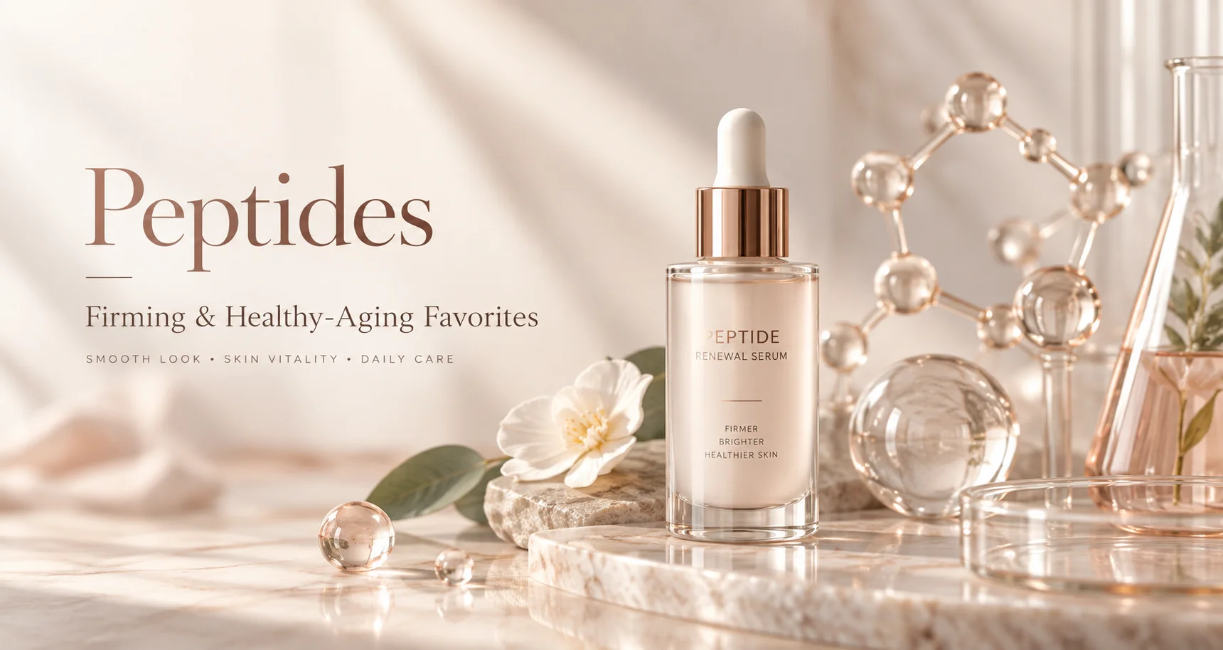 Peptide renewal serum bottle on a marble surface with flower, glass decor, and molecular structure for a luxury skincare vibe.
